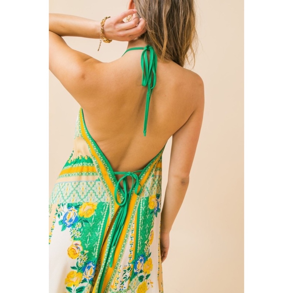 Flying Tomato Green & Ivory Patchwork Print Hanky Hem Halter Dress - Picture 4 of 9